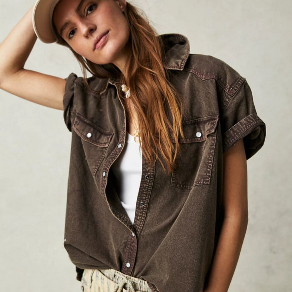 Free People The Short of It Denim Button Up Shirt, Chocolate Brown, size XS